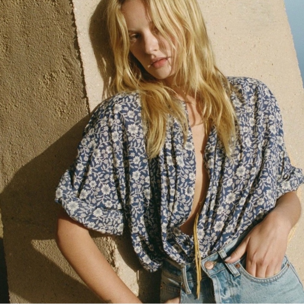 Doen The Jane Blouse in Blue Jessamine Calico, Size Small